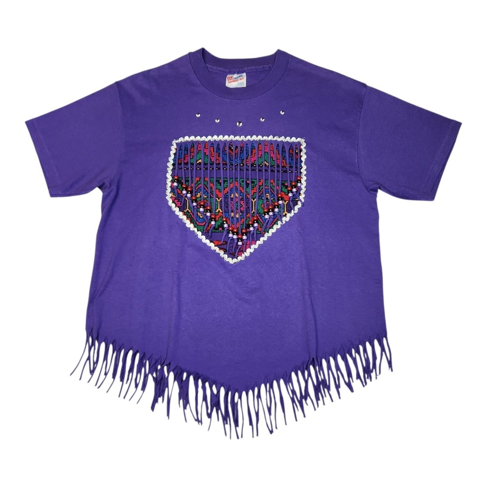 Vintage 80s 90s Womens Beaded Fringe T Shirt Southwestern Single Stitch USA L